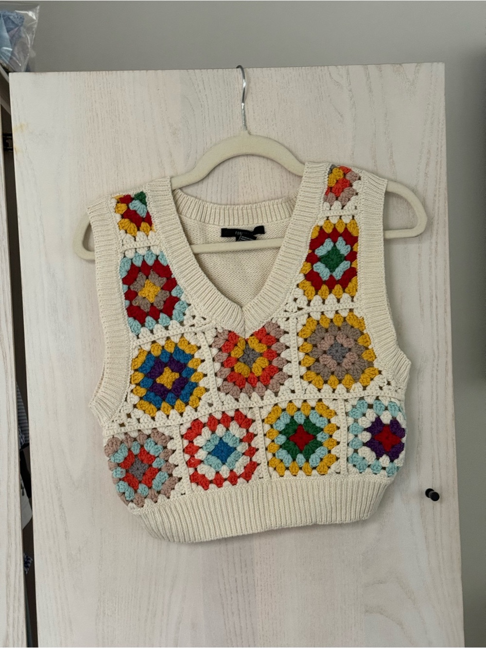 H&M Cream Crochet Patchwork V-Neck Sweater Vest with Multicolor Squares